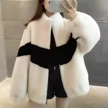 배색 퍼 루즈핏 집업 자켓