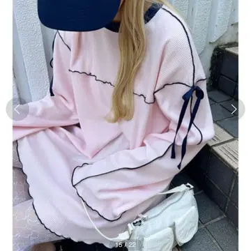 WC 숄더 리본 멜로우 와플 롱 T 핑크