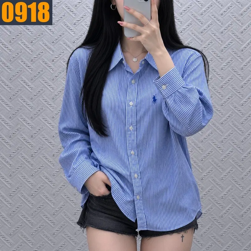 85 POLO 폴로 랄프로렌 블루 스트라이프 포니 자수 슬림 스트레치 셔츠 XS