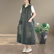 후드 루즈핏 데님 롱 원피스