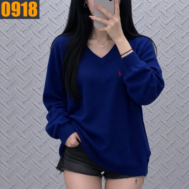 105 POLO 폴로 랄프로렌 로얄블루 레드 포니 자수 피마코튼 브이넥 니트 XL