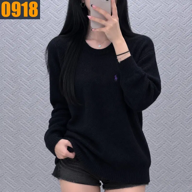 90 POLO 폴로 랄프로렌 블랙 퍼플 포니 자수 램스울 라운드 니트 S