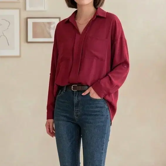 [새상품] 버건디 투포켓 카라 블라우스