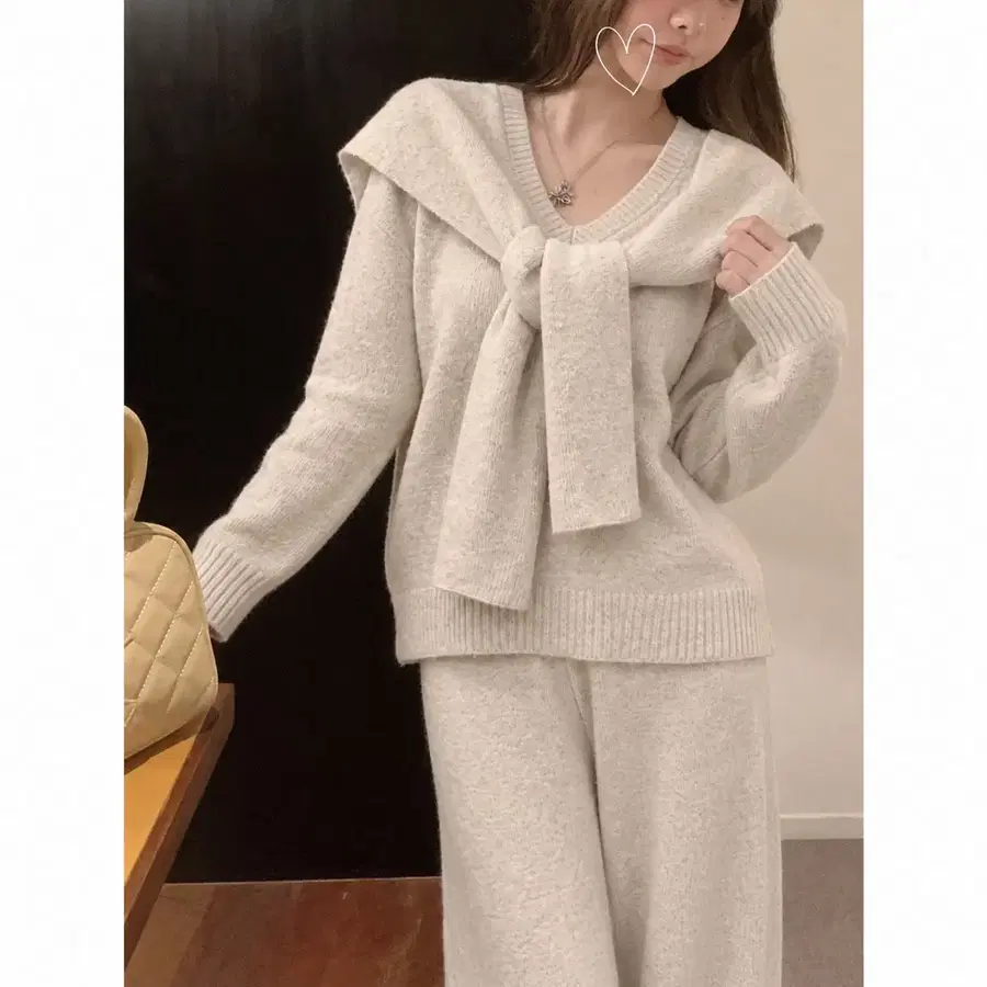 새상품/ 3PCS 레이어드 숄 브이넥 니트 와이드 팬츠 세트