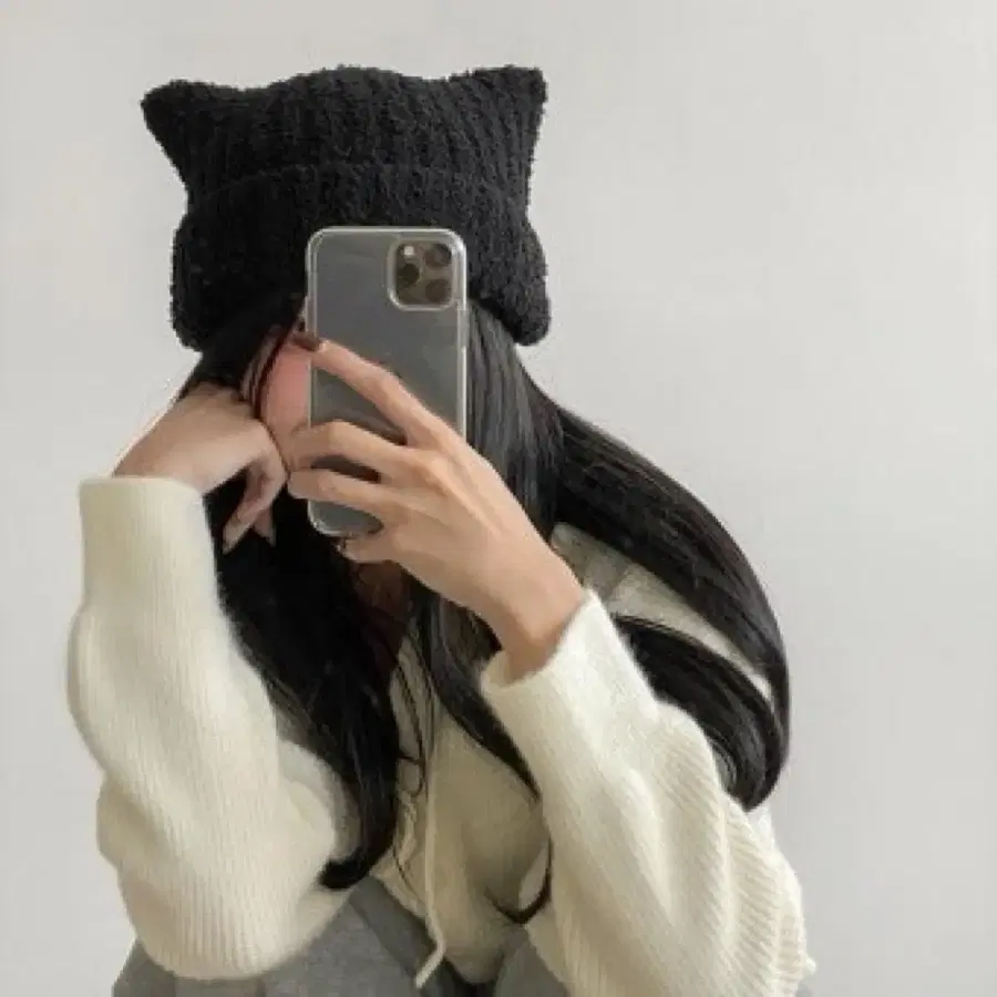 고양이 귀 니트 모자 블랙