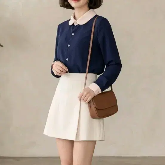 데일리 네이비 배색 카라 블라우스