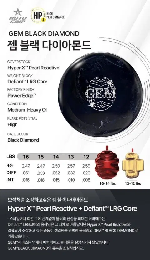 [중고 볼링공] 로또그립 공인구 HP4 젬 블랙 다이아몬드 15파운드