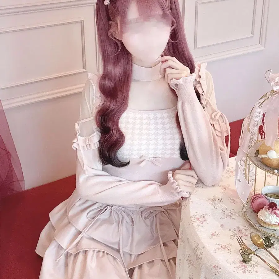 HONEY MEW 허니뮤 치도리 시스루 하이넥 프릴 니트