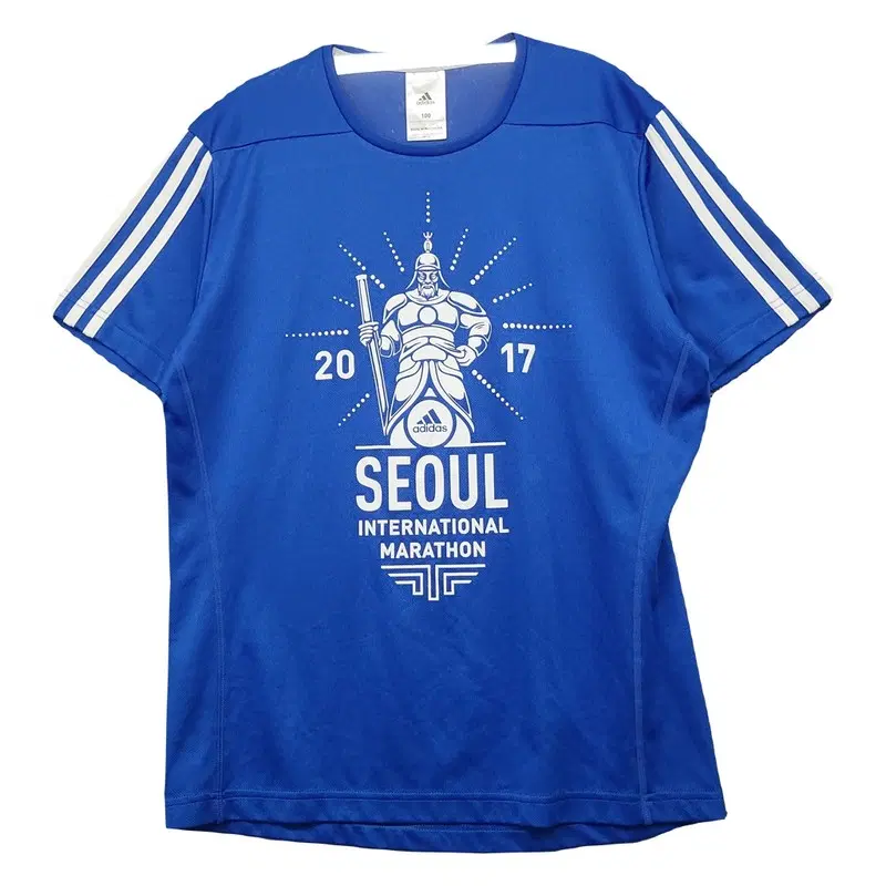 아디다스 블루 마라톤 기능성 로고 프린팅 반팔티 L