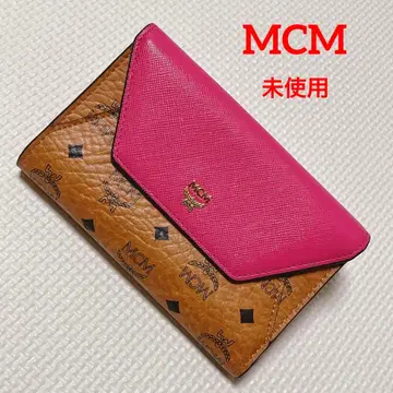 미사용 MCM 가죽 3단 폴더형 지갑 핑크 x 코냑
