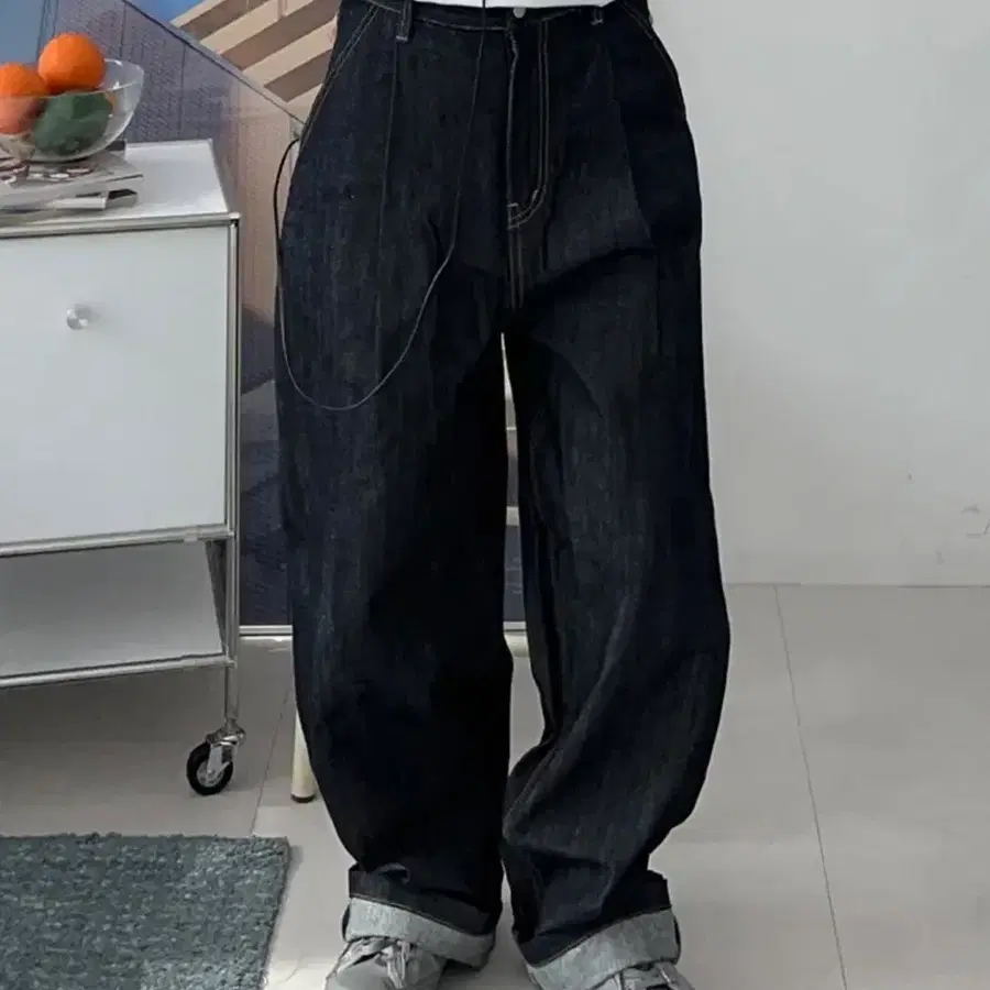 남녀공용 와이드 생지 데님 팬츠 청바지 진청 새상품
