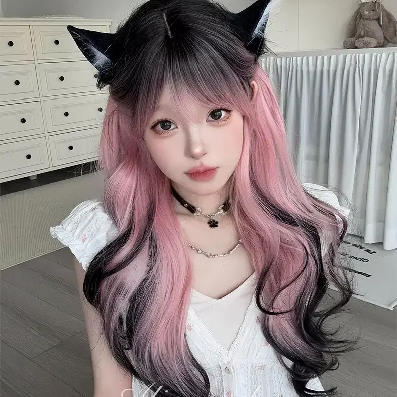 핑크 블랙 그라데이션 웨이브 패션가발 로리타가발