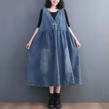 여성 루즈핏 브이넥 민소매 데님 롱원피스