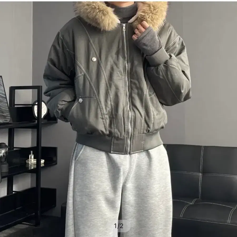 라쿤 퍼 크롭 패딩 카키