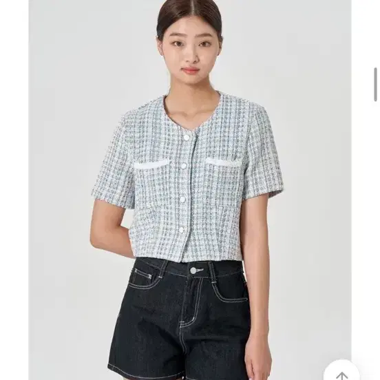 에잇세컨즈 반팔 트위드 자켓 블라우스 하객룩 버튼 블루 미쏘 자라