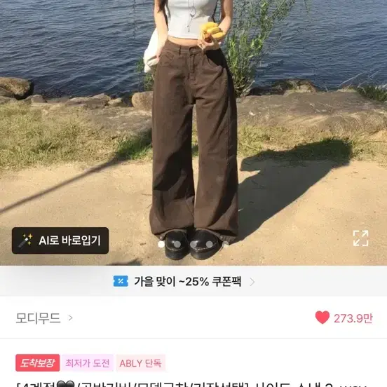 [4계절] 와이드 코튼 핀턱 팬츠 갈색