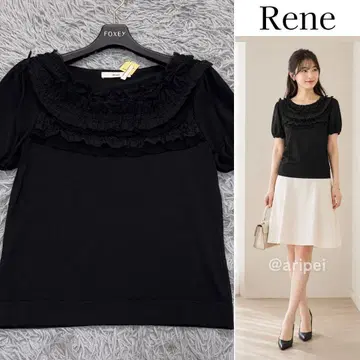 [새상품급] Rene 퍼프 슬리브 니트 티셔츠 가슴 레이스 프릴 블랙