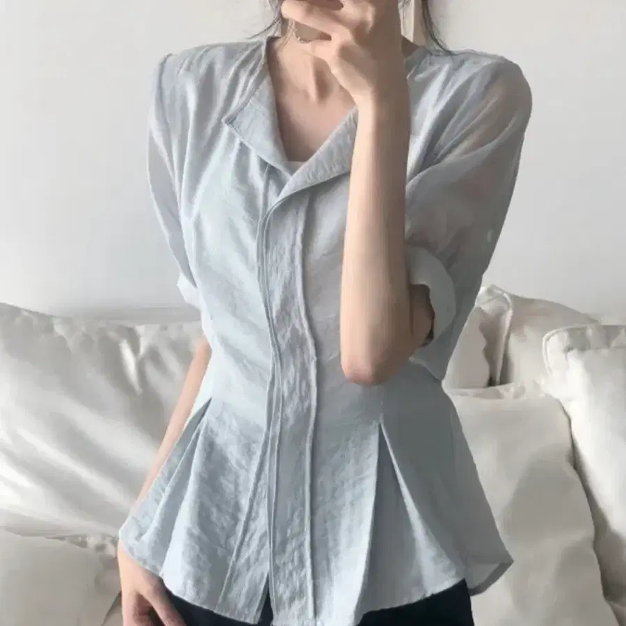 밀림 (마가렛bl/하객룩) 시스루 소매 핀터레스트 플레어 핀턱 오간자 7부 블라우스