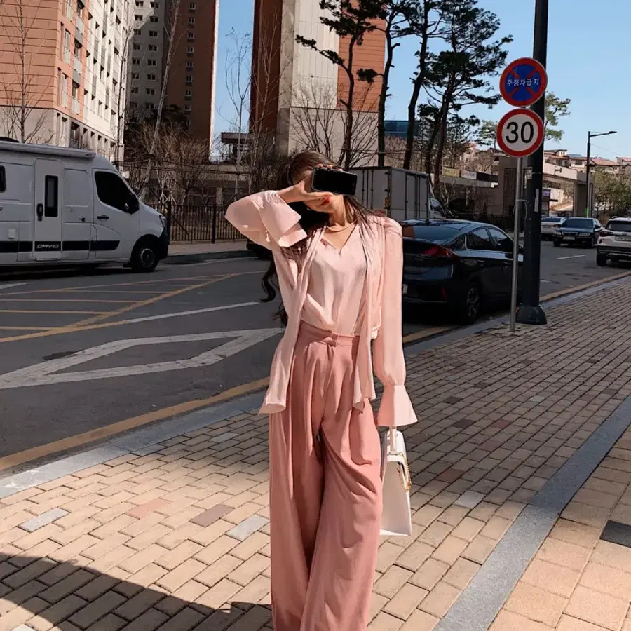 투핀턱 롱 슬랙스 핑크 와이드 팬츠