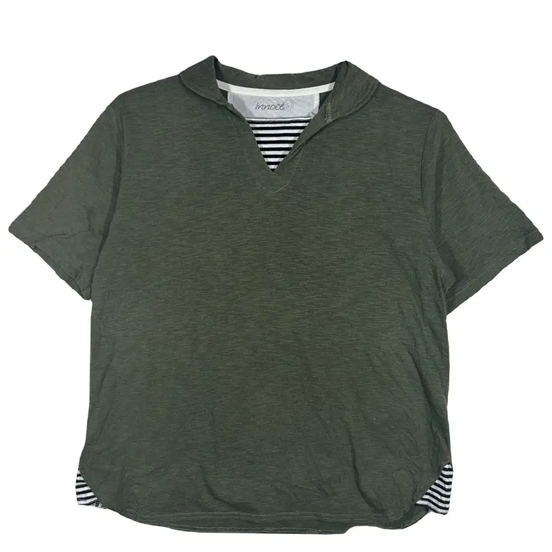카키 오픈카라 반팔 티 [3L]데일리 캐주얼 폴리에스터 혼방