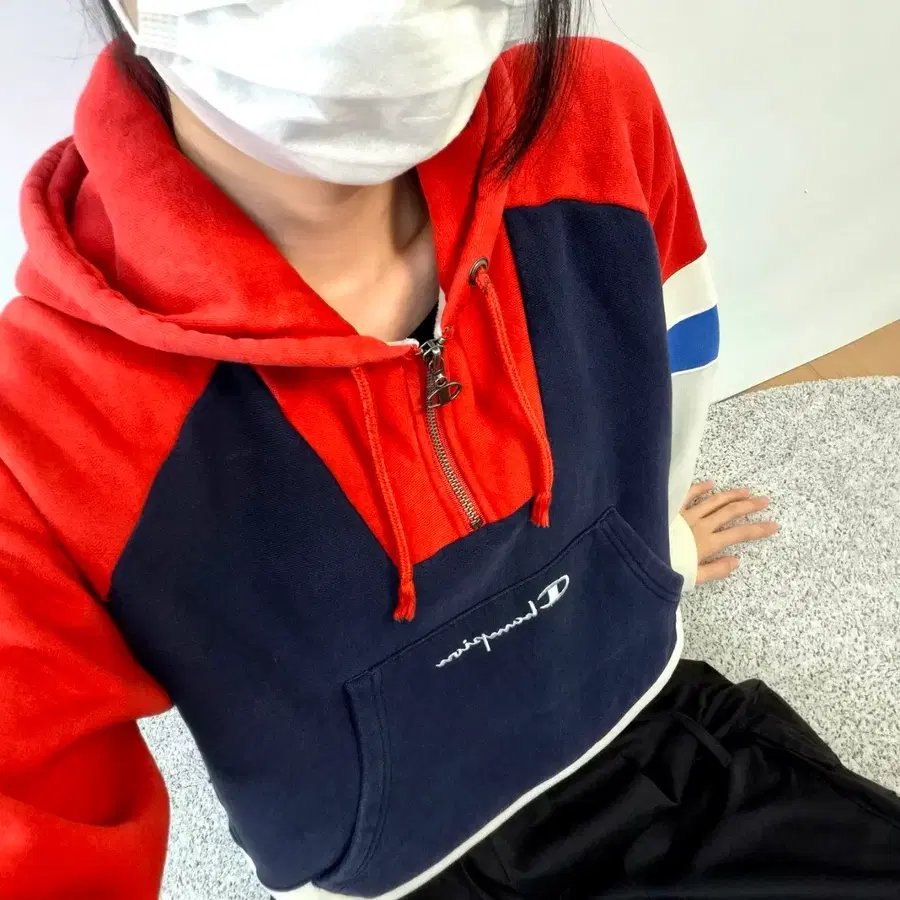 챔피온 리버스 위브 컬러블록 하프집업 크롭 후드 M