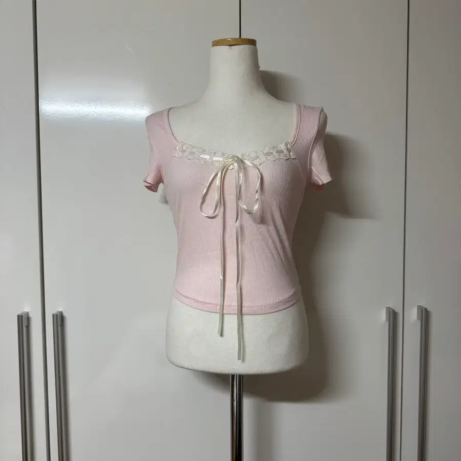 골지 리본 반팔 크롭티 핑크 연핑크