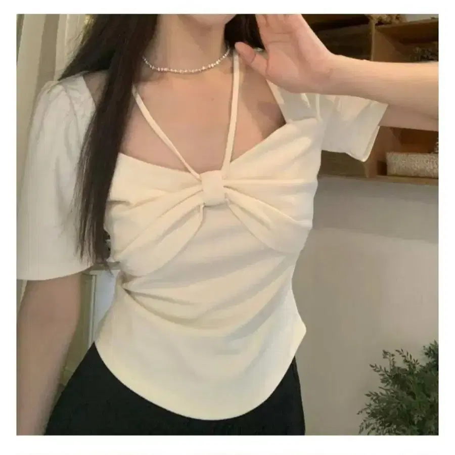 빅리본 포인트 스퀘어넥 반팔 티셔츠(아이보리,핑크,블랙)