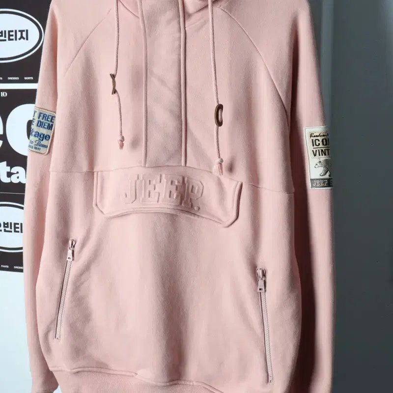 (L-XL) 지프 후드티셔츠 오버사이즈 반집업 핑크 올드스쿨-H39740