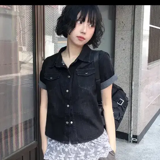 에이블리 데님 반팔 셔츠 블랙