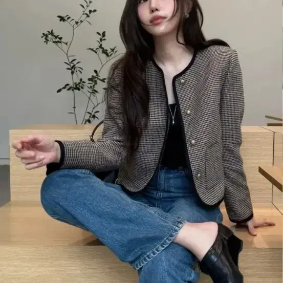 올리브데올리브 라운드넥 크롭 체크 자켓 OW5XJ8760