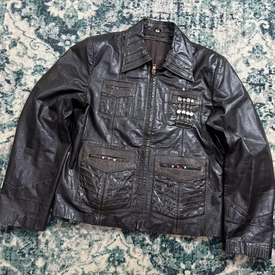 Vtg Leather 플랩 스터드 가죽 자켓 40