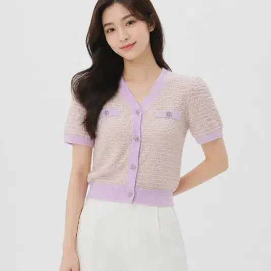 여55/리스트 라이트 라벤더 반팔 가디건