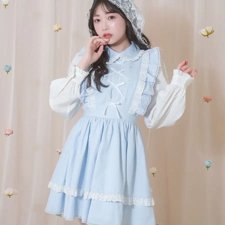 허니시나몬 리본 배색 원피스 파스텔블루 하늘색 미즈이로 양산형 지뢰계 서브컬쳐