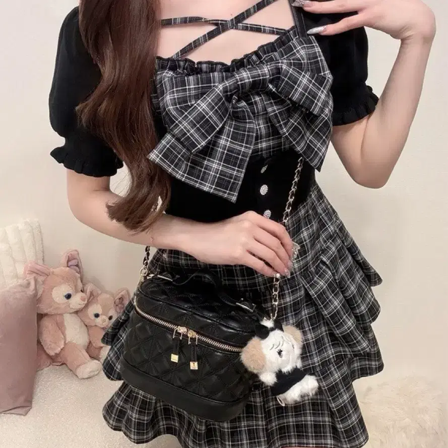 GRL 그레일 빅 리본 체크 앙상블 원피스 L사이즈