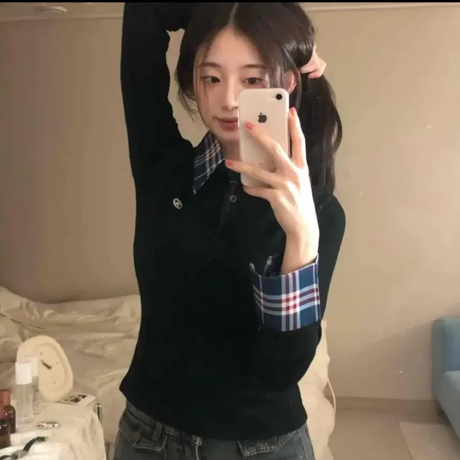 체크 셔츠 카라 블라우스