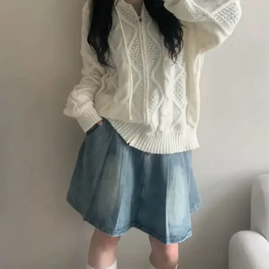 데님 플리츠 미디스커트 S