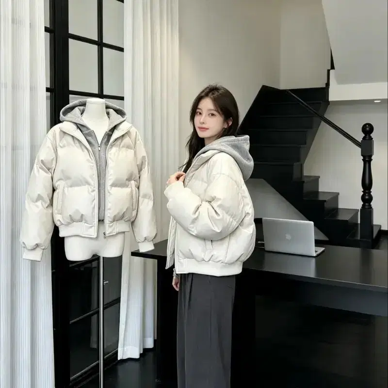 후드 패딩 점퍼 아이보리