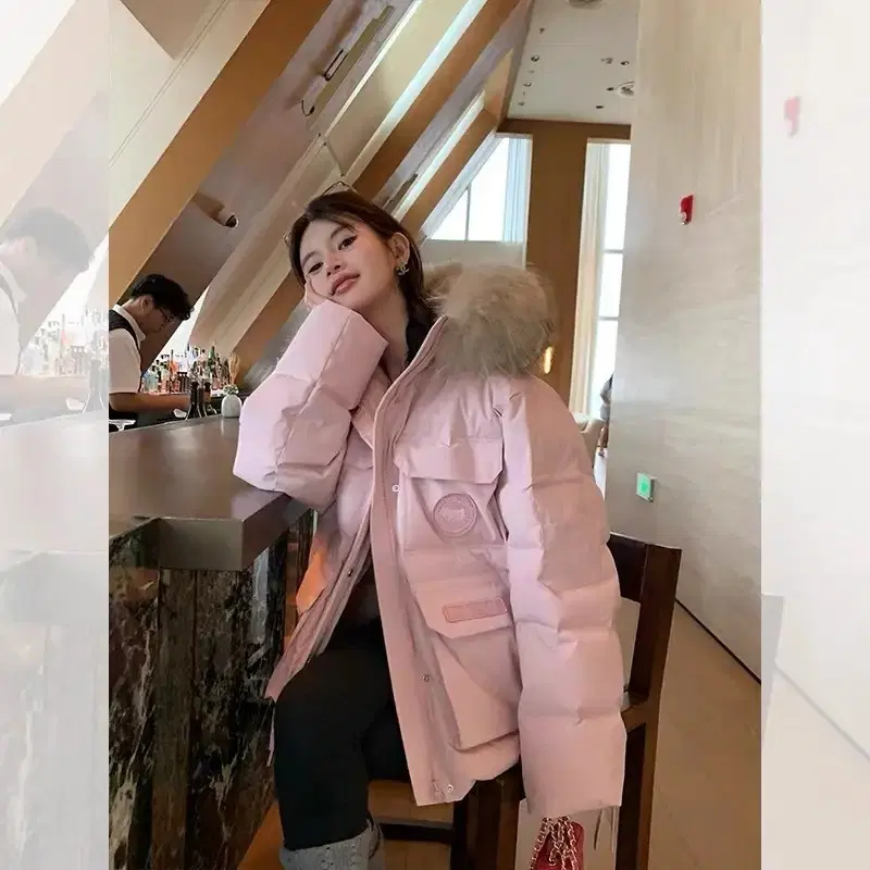 여성 숏패딩 핑크색 퍼 후드