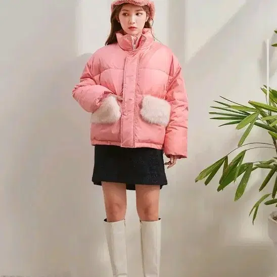 제로스트릿 핑크 퍼 포켓 숏 패딩