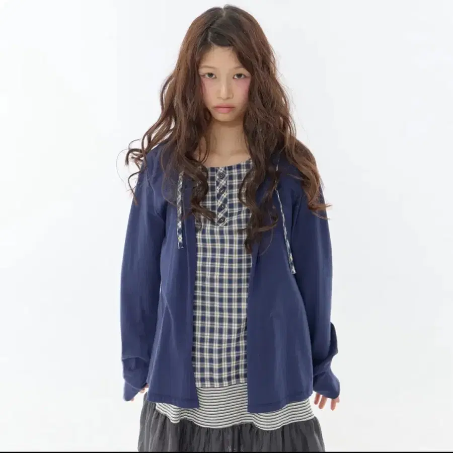 익스파이어드걸 Cozy Check Layered Top Navy