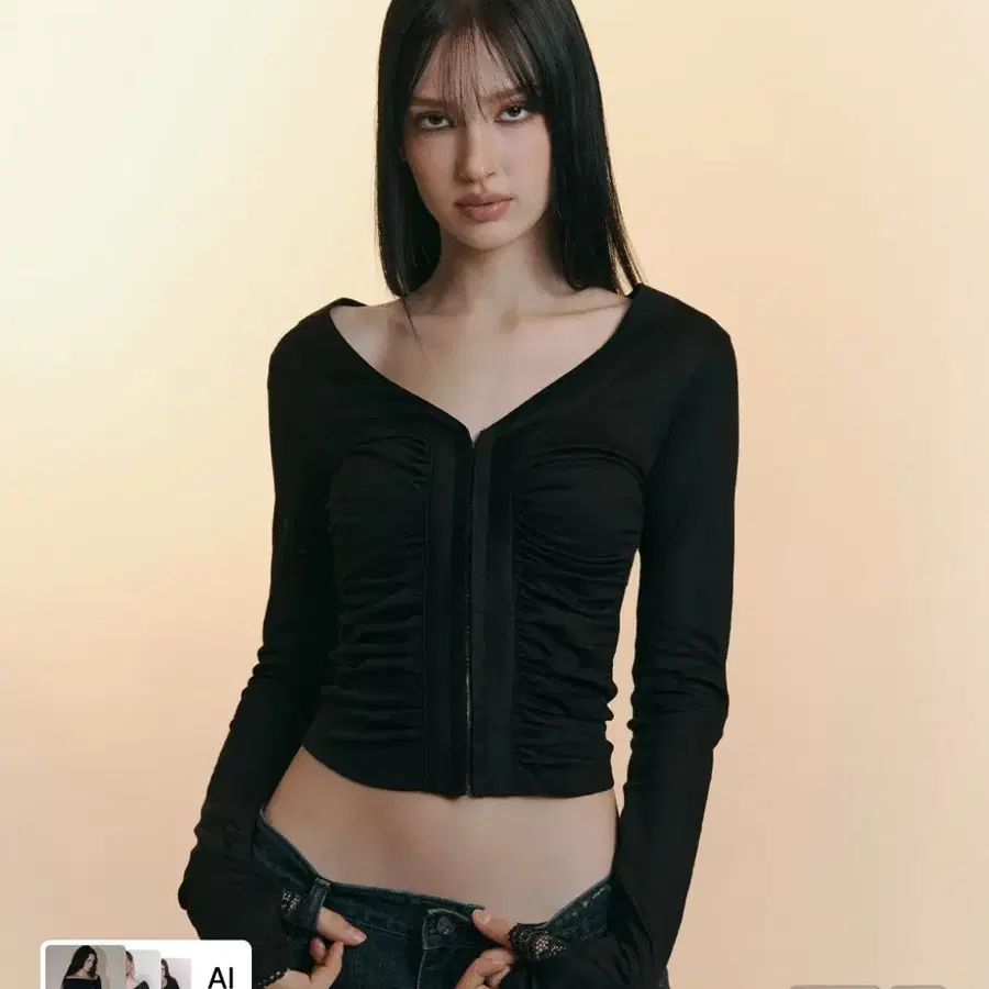 Candela Hooked Shirring Long Sleeve Top(black)