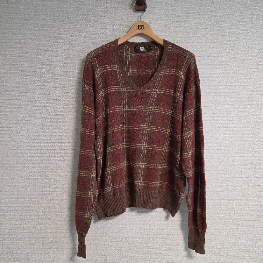 RRL 더블알엘 체크 브이넥 니트 L