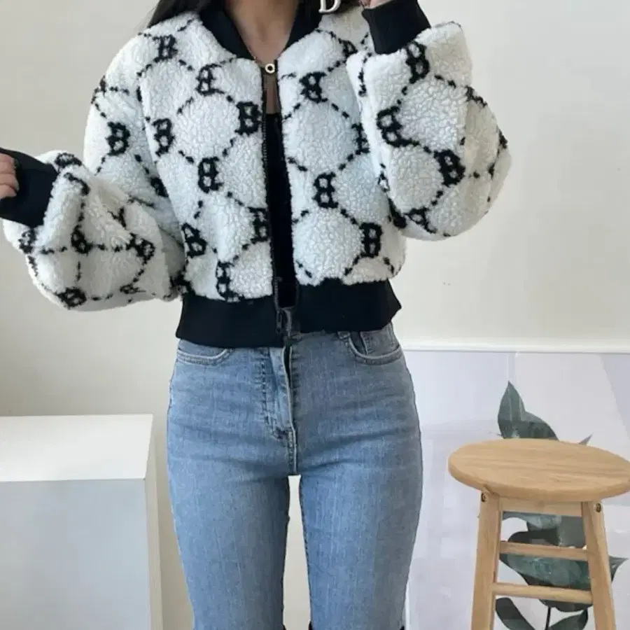 체크 덤블 크롭 자켓 양털 뽀글이