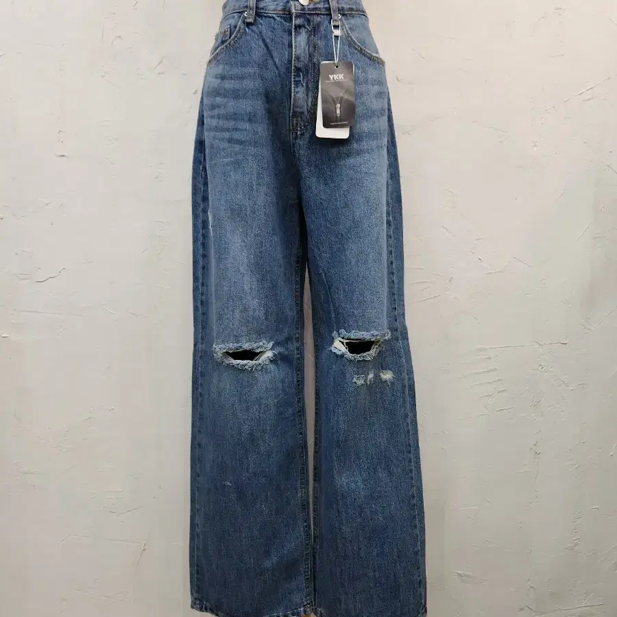 데님 와이드 팬츠 (청바지) 중청 찢청