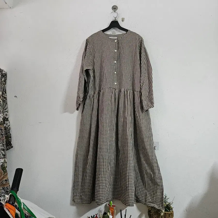 체크무늬면 롱 원피스