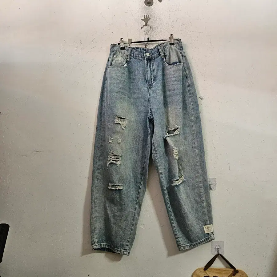 데님 워싱 찢청 와이드 팬츠