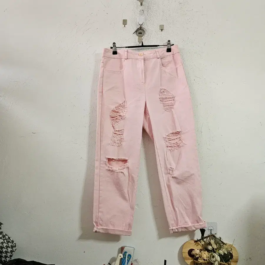 연핑크 찢청 바지