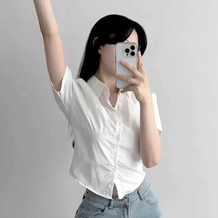 화이트 셔링 크롭 반팔셔츠