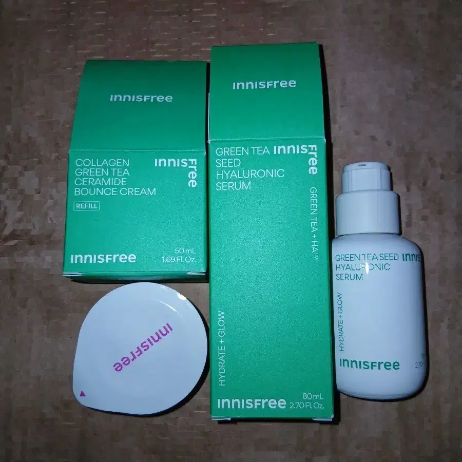 이니스프리 그린티 씨드 히알루로닉 세럼 80ml + 콜라겐 그린티 세라마이드 크림 리필50ml 새상품