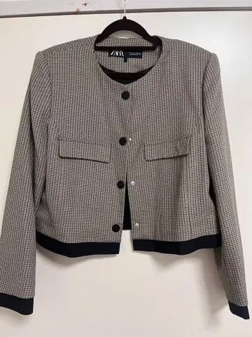 ZARA 하운드 투스 크롭 블레이저 체크 자켓 L